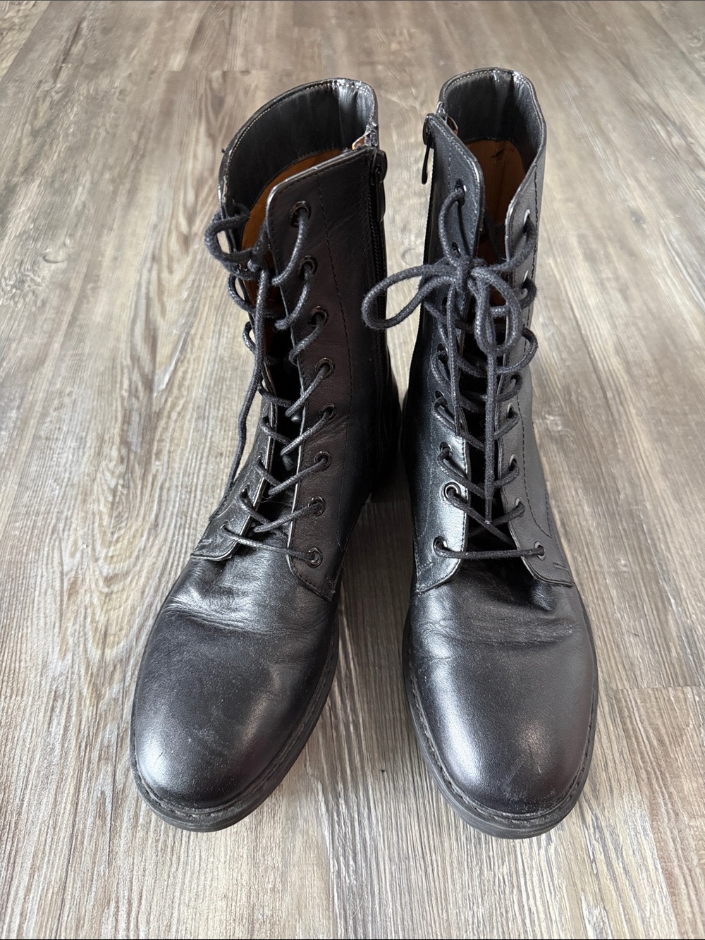Zara Faux Leather Women's Black Lace-Up Combat Boots with Side Zip